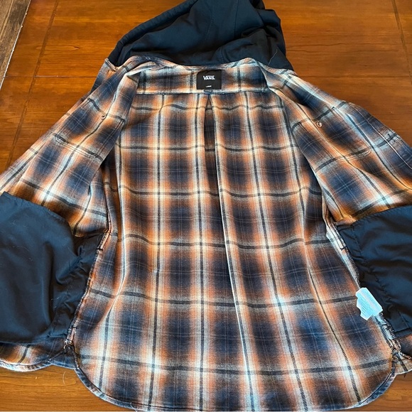 Vans LOPES hooded flannel shirt orange black plaid classic fit size Large - Picture 7 of 11